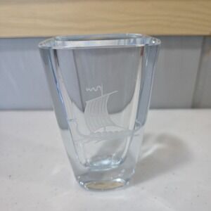STROMBERGSHYTTAN ART Crystal Vase Engraved Etched Viking Sailing Boat Signed